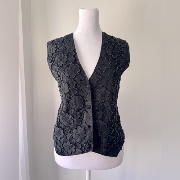 Vintage ‘90s Effeci Black Lace Floral Print Beaded V-Neck Button Down Vest - Picture 1 of 6